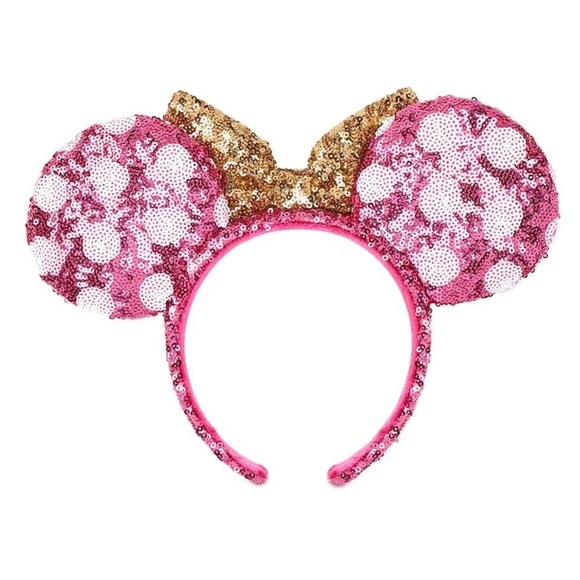 Hot Pink And Gold Minnie Mouse Polka Dot Sequined Ears - Picture 2 of 5